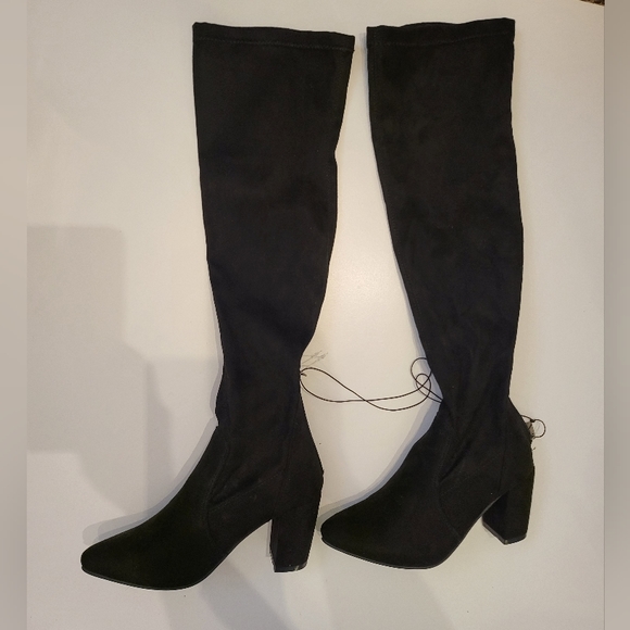KNEE HIGH BOOTS - black heels stuart weitzman like silver zip back Sz 6 - Picture 1 of 7